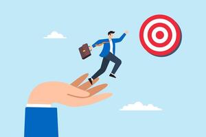 Flat illustration of businessman jump from giant hand to progress toward target symbolizing business mentorship vector