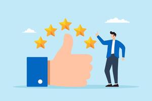Flat illustration of business owner give big thumb up with five stars symbolizing high quality service vector