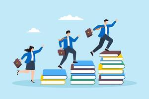 Flat illustration of employee run on stack of book toward success symbolizing knowledge and education helping business growth vector