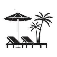 Silhouette Illustration of Two Lounge Chairs Under a Beach Umbrella with Palm Trees vector