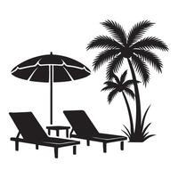 Silhouette Illustration of a Tropical Paradise with Lounge Chairs and Palm Trees vector