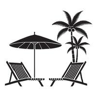 Tranquil Beach Scene Silhouette Illustration with Palm Trees and Lounge Chairs vector