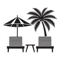 Silhouette Illustration of Tropical Beach Scene with Lounge Chairs and Table vector