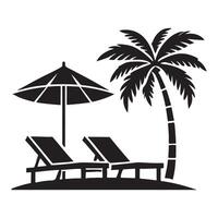 Relaxing Beach Scene Silhouette design Illustration with Palm Trees and Lounge Chairs vector