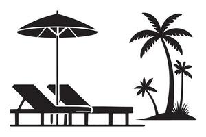 Relaxing Beach Scene Silhouette Illustration with Palm Trees and Lounge Chairs vector