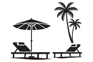 Relaxing Beach Scene Silhouette Illustration with Two Lounge Chairs and Palm Trees vector