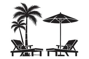 Relaxing Beach Scene Silhouette with Palm Trees and Loungers vector