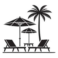 Beachfront Relaxation Area Silhouette with Two Umbrellas and Chairs vector