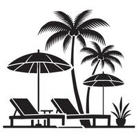 Tropical Beach Scene Silhouette Illustration with Palm Trees and Lounge Chairs vector