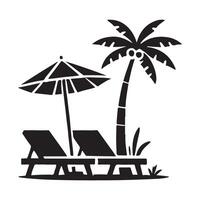 Silhouette Illustration of Relaxing Beach Scene with Lounge Chairs and Palm Tree vector