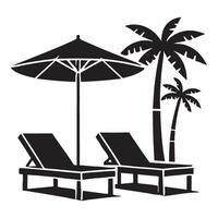 Relaxing Beach Scene Silhouette design with Palm Trees and Lounge Chairs vector