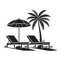Scenic Beachfront Silhouette with Palm Trees, Umbrellas, and Lounge Chairs vector
