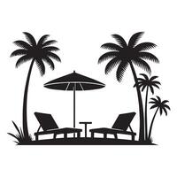 Tropical Beach Paradise Silhouette Illustration with Palm Trees and Lounge Chairs vector