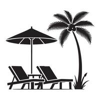 Relaxing Beach Umbrella Silhouette Illustration with Palm Trees and Lounge Chairs vector