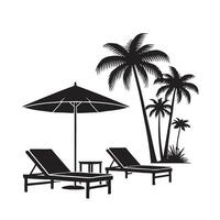 Tranquil Beach Scene Silhouette with Multiple Palm Trees and Lounge Chairs vector