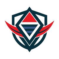 geometric logo, shield shape, triangular elements, red and blue accents, dark teal background, symmetrical design vector