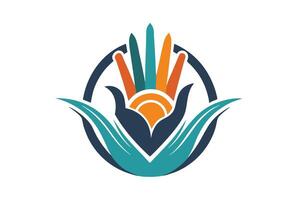 Logo design, stylized hand, sun rays, abstract floral shape, teal and orange color scheme, geometric forms vector
