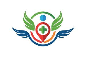 Logo design, medical symbol, green cross, location pin, wings, colorful, abstract, minimalist, geometric shapes vector