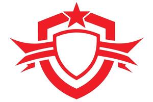 Red logo, shield shape, star emblem, geometric design, symmetrical composition, ribbon elements, bold lines vector