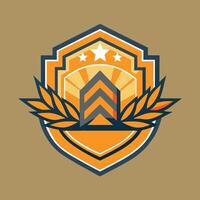 Logo design, shield emblem, orange and blue color scheme, chevron symbol, three stars, laurel wreath, geometric shapes, retro style, flat design, military insignia insp vector