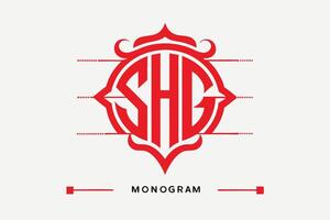 Red monogram logo, ornate circular design, SHG initials, geometric shapes, symmetrical pattern, minimalist typography vector