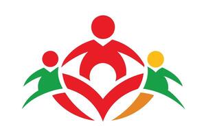 Logo design, stylized human figures, abstract shapes, red green and orange colors, unity symbol, community icon, vector