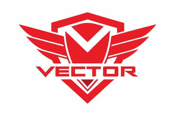 Red logo, shield shape, wings, geometric design, bold typography, minimalist, symmetrical