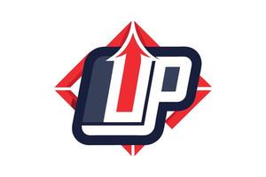 Logo design, stylized UP letters, upward arrow, red and navy blue color scheme, geometric shapes, bold typography vector