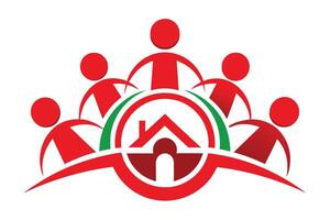 Stylized logo, red and green colors, abstract human figures, house icon, circular design, community concept vector