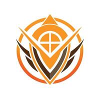 geometric logo, circular emblem, orange and brown color scheme, abstract wings, triangular shapes, minimalist design vector