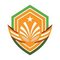 Shield logo, geometric design, orange and green color scheme, star emblem, stylized wings, hexagonal shape vector