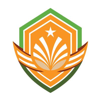 Shield logo, geometric design, orange and green color scheme, star emblem, stylized wings, hexagonal shape