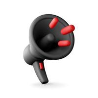 3D black megaphone isolated on white background. Render plastic megaphone realistic. Modern bullhorn or loudspeaker vector