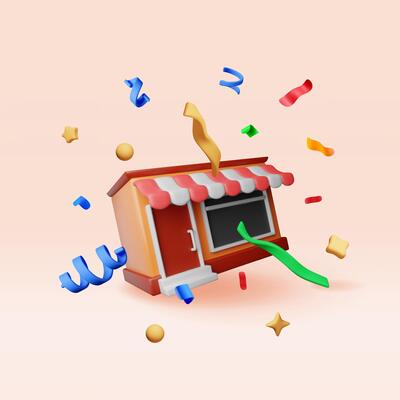 3d store front shop with window and door in confetti. Render wooden and brick facade. Glass showcase of boutique fireworks explosion. Market or supermarket grand opening