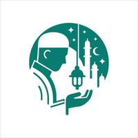 ramadan islamic man praying with a lamp in the middle of a mosque vector