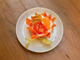 Close up picture of beautiful Chinese new year food with wording fu means fortune, Lunar new Year, Chinese new year photo