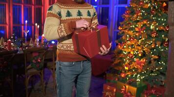 Portrait of cheerful man with Christmas present. Smiling man with gift box standing by Christmas tree and looking on camera. video