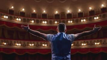 Comedian speaking jokes on stage. Actor standing on scene in spotlights with his back to the camera. Active man making gestures with his hands on a theatre stage. video