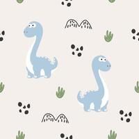 Blue dinosaur pattern. Seamless pattern featuring a cute blue dinosaur with small plants, footprints, and dino bones. vector
