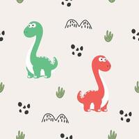 Playful green dinosaur pattern with tiny leaves, footprints, and dino-themed elements on a neutral background. vector