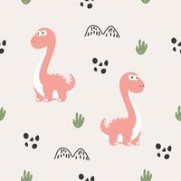 dinosaur pattern surrounded by grass, dino footprints, and fossil-inspired elements. vector