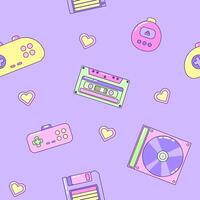 Seamless pattern with audio cassette and gamepad. Multicolored retro elements on purple background. Retro illustration with outline in 90s style. illustration. vector