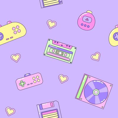 Seamless pattern with audio cassette and gamepad. Multicolored retro elements on purple background. Retro illustration with outline in 90s style. illustration.