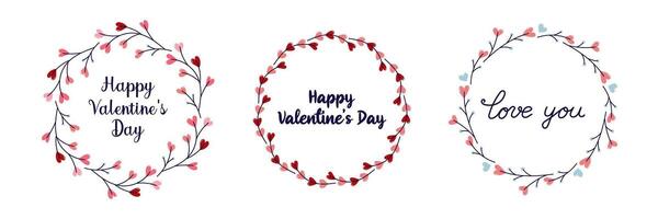 Happy Valentine's Day frames collection. Set of 3 round frame with twigs and hearts. Simple cute greeting card. Isolated illustration. vector