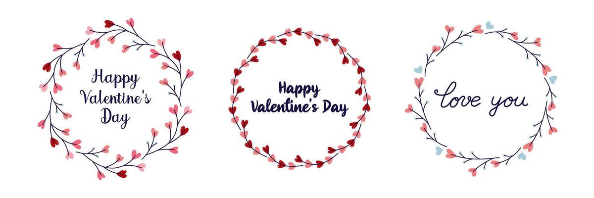 Happy Valentine's Day frames collection. Set of 3 round frame with twigs and hearts. Simple cute greeting card. Isolated illustration.