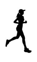 A silhouette of a woman running with determination, wearing a cap and athletic attire. The dynamic pose captures the energy and motion of a runner in mid-stride vector