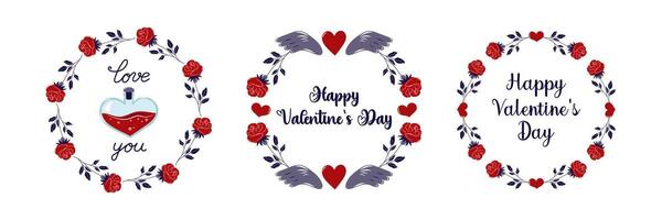 Happy Valentine's Day frames collection. Set of 3 round frame with with red roses and hearts. Simple cute greeting card. Isolated illustration. vector