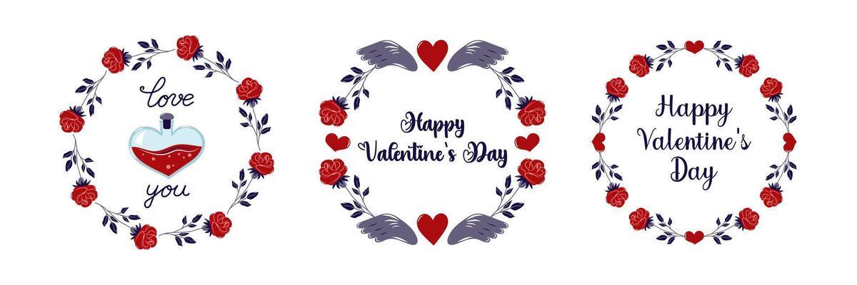 Happy Valentine's Day frames collection. Set of 3 round frame with with red roses and hearts. Simple cute greeting card. Isolated illustration.