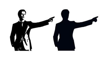A silhouette of a businessman wearing a suit, standing confidently while pointing forward vector