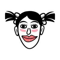 Hand-Drawn Cartoon Face of a Smiling Girl with Pigtails. Playful Doodle Illustration with Cute Expression vector